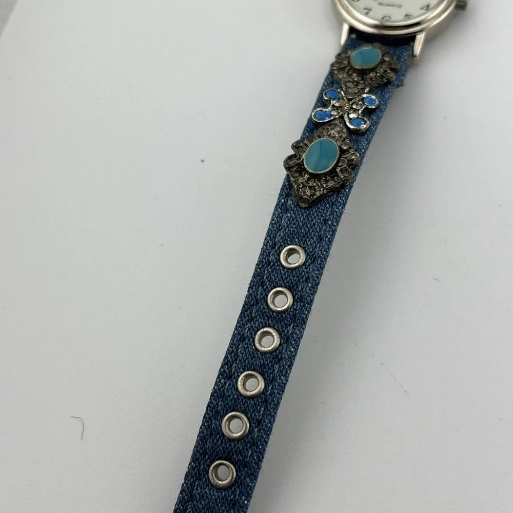 Jennie‎ B Watch Women 24mm Case Denim Leather Silver Tuquoise Band- New Battery